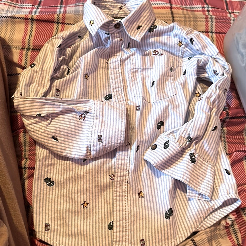 Carter’s button down blue and white strip shirt with prints